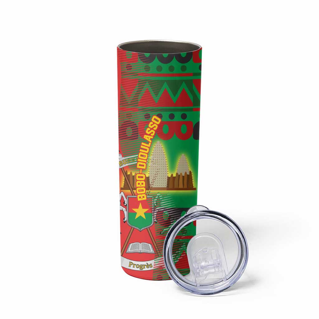 Burkina Faso Skinny Tumbler with Red Green Tribal Design and Bobo Dioulasso Landmark - Wonder Print Shop