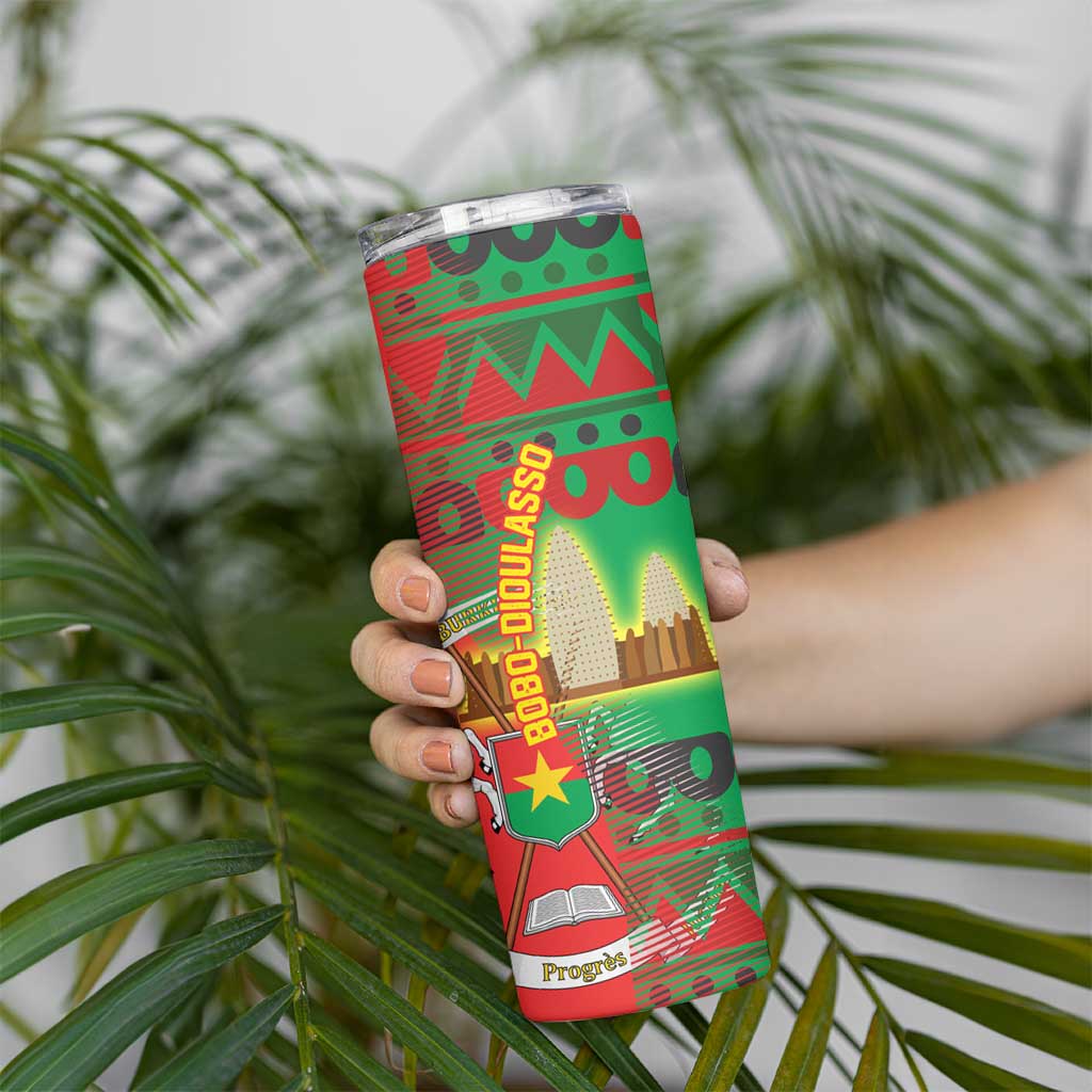 Burkina Faso Skinny Tumbler with Red Green Tribal Design and Bobo Dioulasso Landmark - Wonder Print Shop