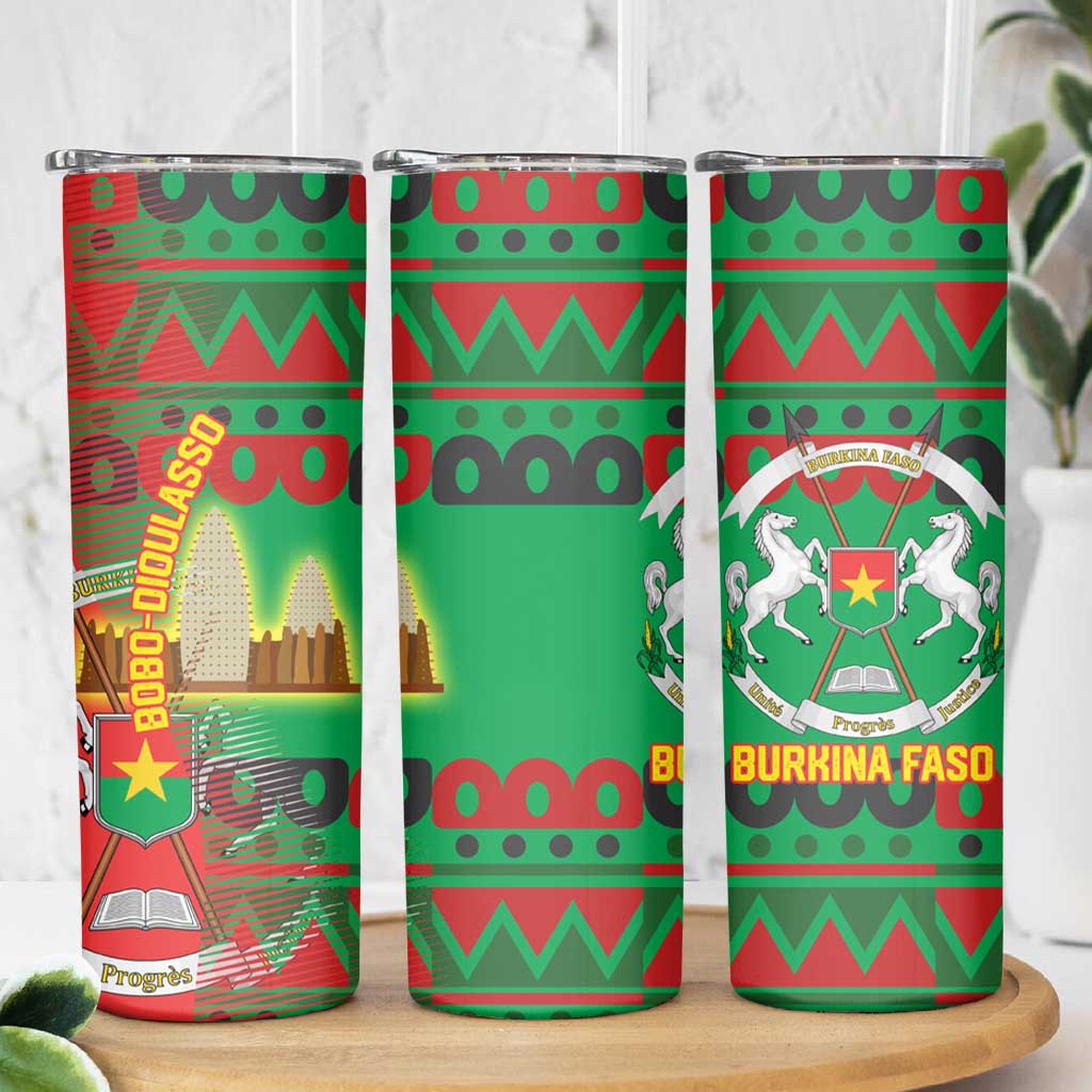 Burkina Faso Skinny Tumbler with Red Green Tribal Design and Bobo Dioulasso Landmark - Wonder Print Shop