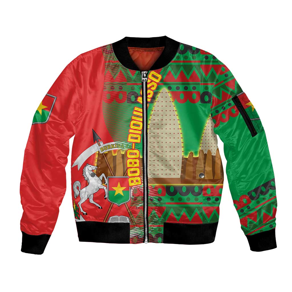 Burkina Faso Sleeve Zip Bomber Jacket with Red Green Tribal Design and Bobo Dioulasso Landmark - Wonder Print Shop