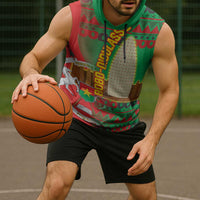 Burkina Faso Sleeveless Hoodie with Red Green Tribal Design and Bobo Dioulasso Landmark - Wonder Print Shop