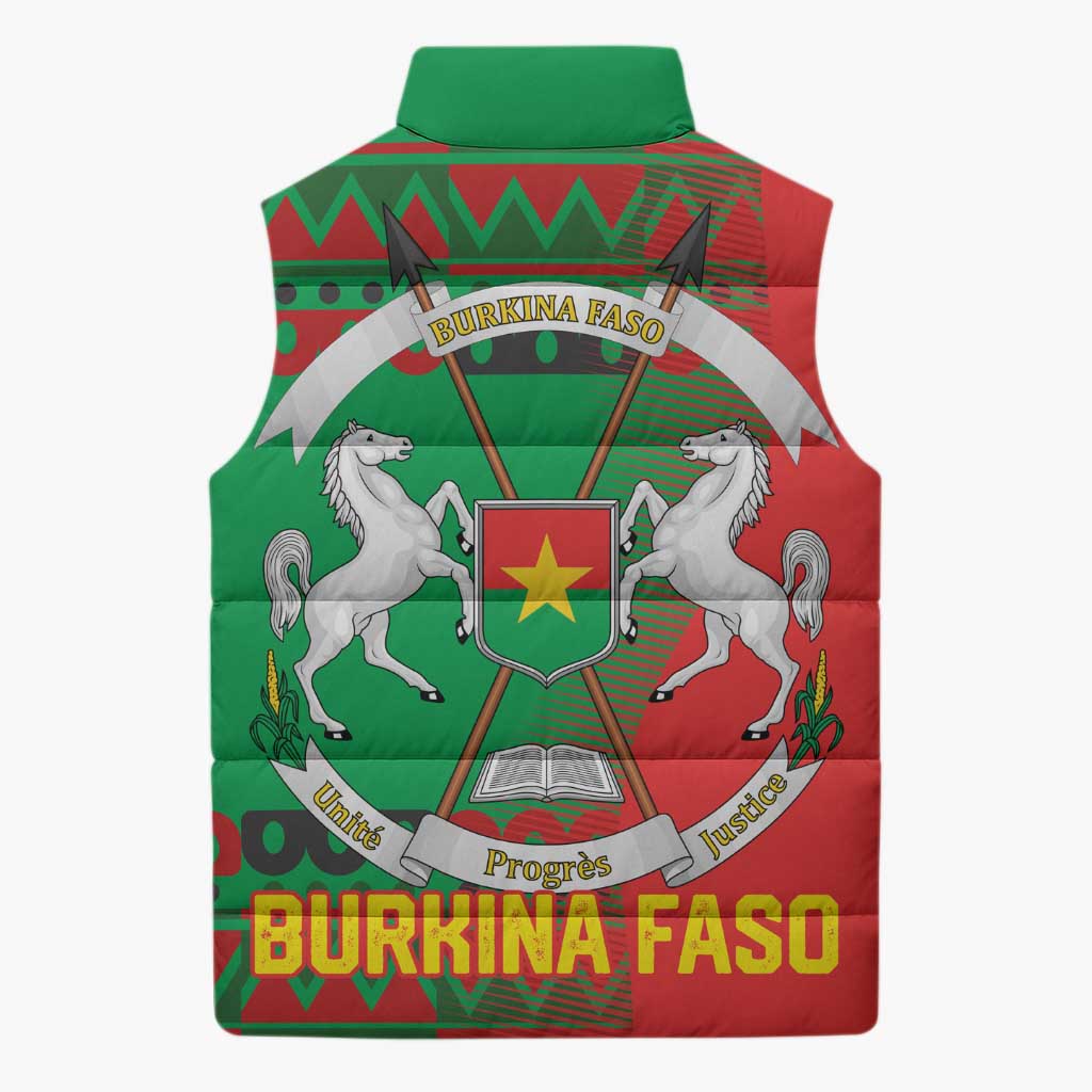 Burkina Faso Sleeveless Puffer Jacket with Red Green Tribal Design and Bobo Dioulasso Landmark - Wonder Print Shop