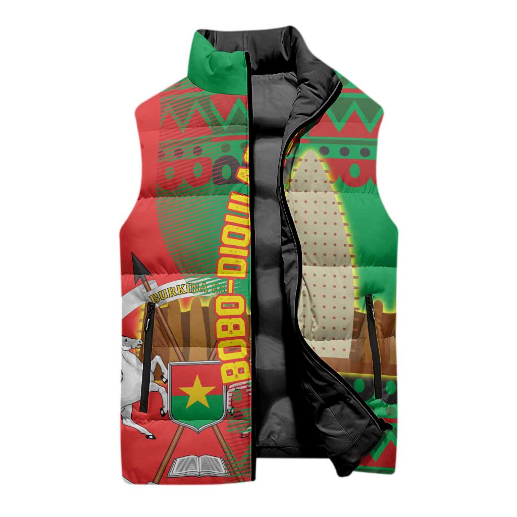 Burkina Faso Sleeveless Puffer Jacket with Red Green Tribal Design and Bobo Dioulasso Landmark - Wonder Print Shop