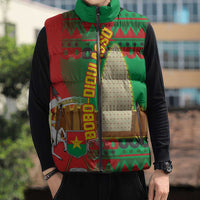 Burkina Faso Sleeveless Puffer Jacket with Red Green Tribal Design and Bobo Dioulasso Landmark - Wonder Print Shop