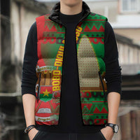 Burkina Faso Sleeveless Puffer Jacket with Red Green Tribal Design and Bobo Dioulasso Landmark - Wonder Print Shop