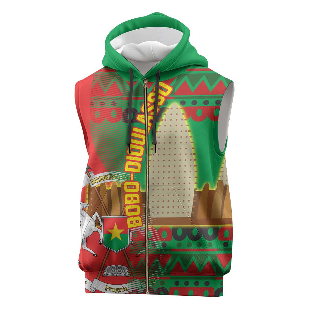 Burkina Faso Sleeveless Zip Hoodie with Red Green Tribal Design and Bobo Dioulasso Landmark - Wonder Print Shop