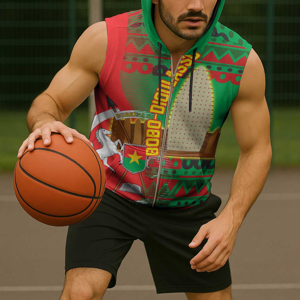 Burkina Faso Sleeveless Zip Hoodie with Red Green Tribal Design and Bobo Dioulasso Landmark - Wonder Print Shop