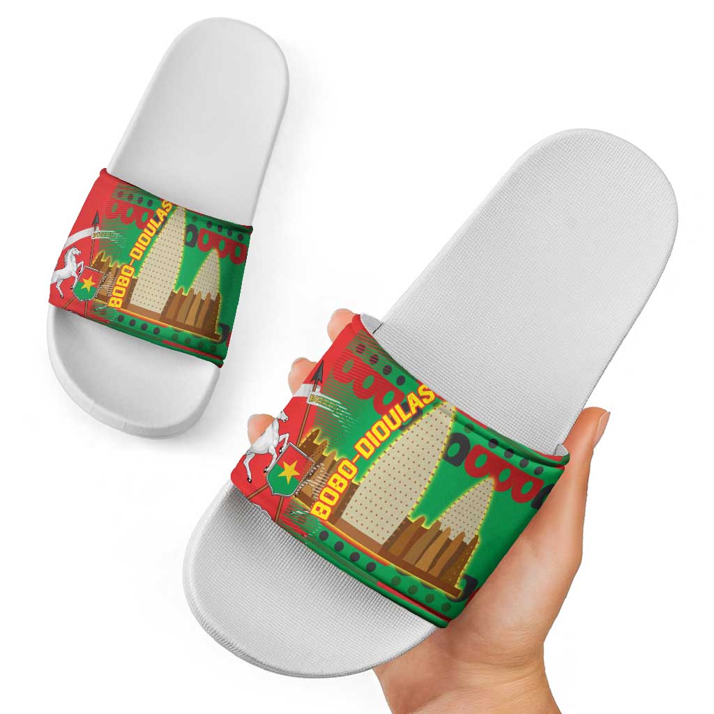 Burkina Faso Slide Sandals with Red Green Tribal Design and Bobo Dioulasso Landmark - Wonder Print Shop