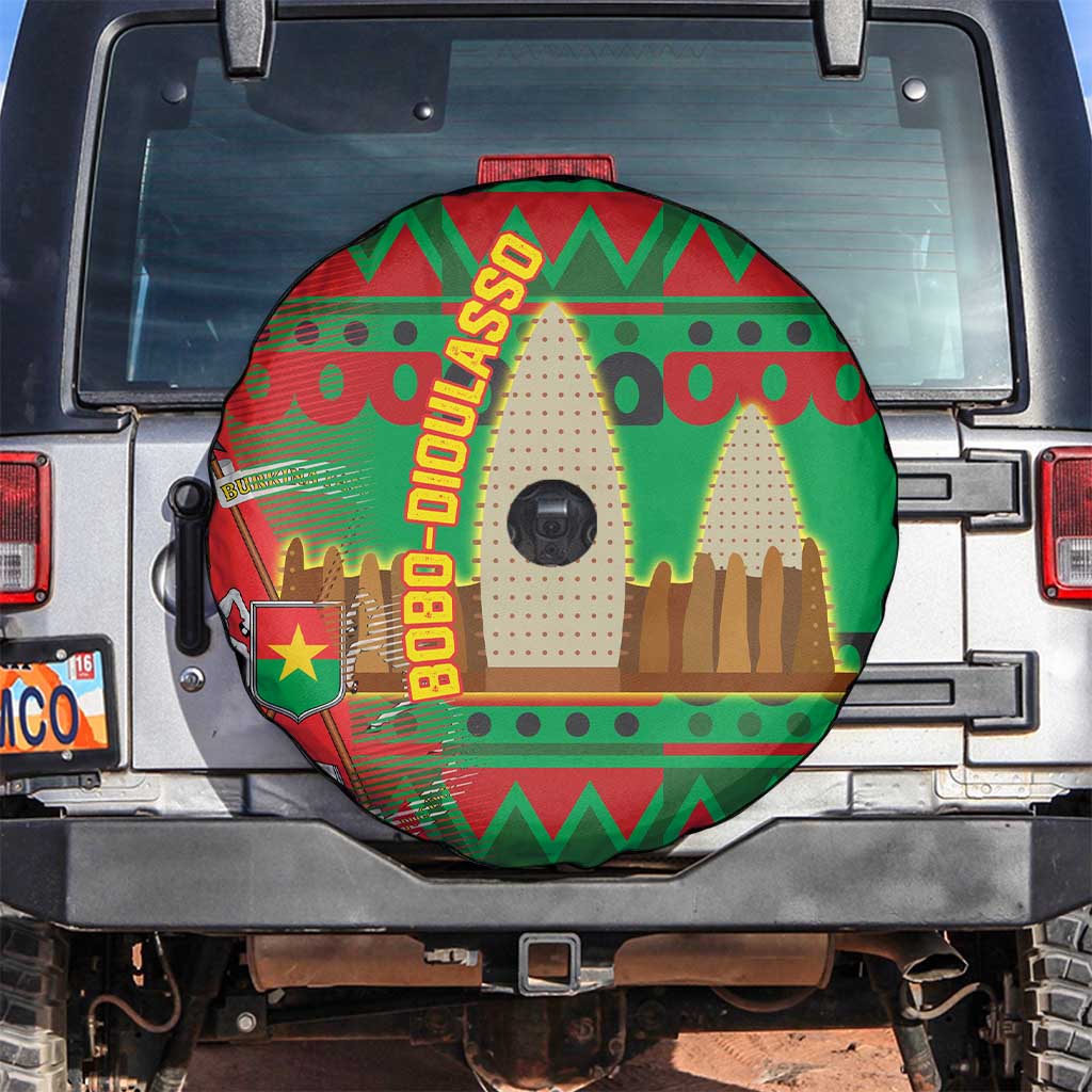 Burkina Faso Spare Tire Cover with Red Green Tribal Design and Bobo Dioulasso Landmark - Wonder Print Shop
