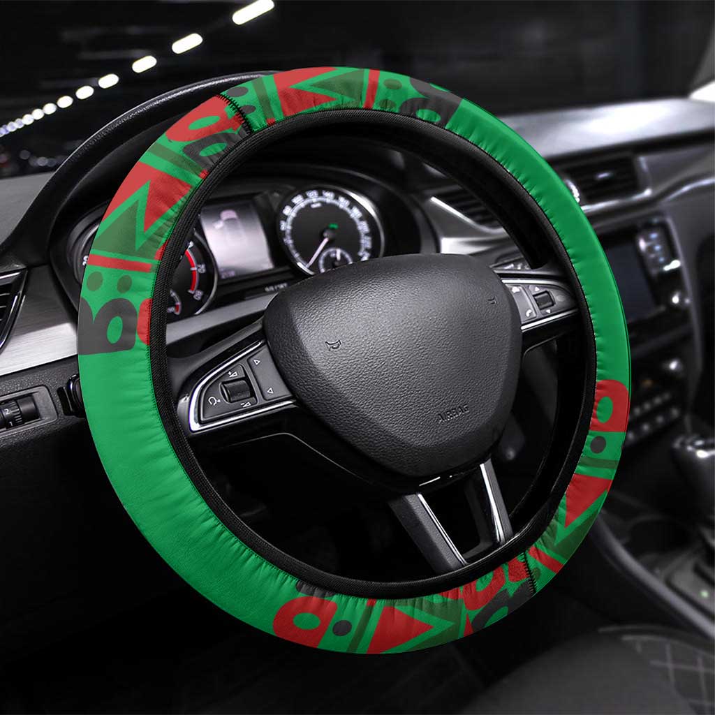 Burkina Faso Steering Wheel Cover with Red Green Tribal Design and Bobo Dioulasso Landmark - Wonder Print Shop