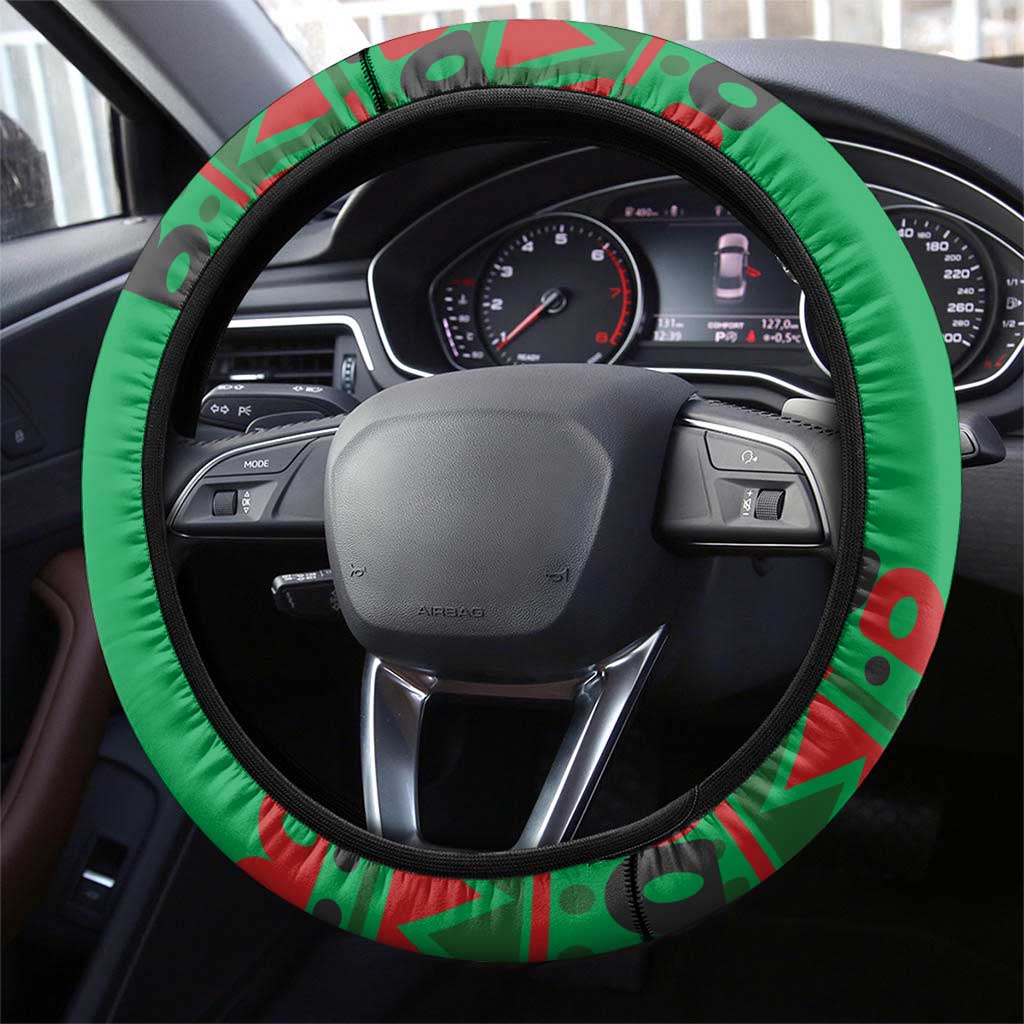 Burkina Faso Steering Wheel Cover with Red Green Tribal Design and Bobo Dioulasso Landmark - Wonder Print Shop