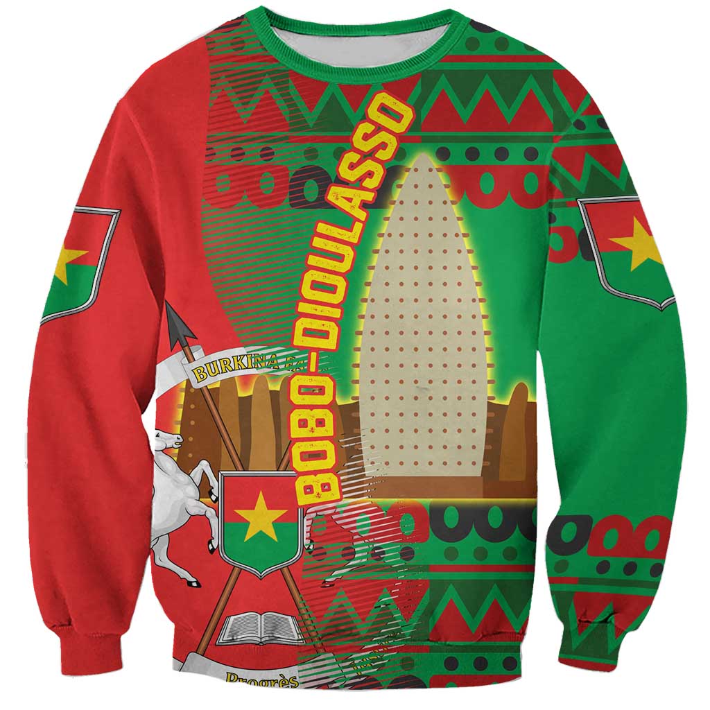 Burkina Faso Sweatshirt with Red Green Tribal Design and Bobo Dioulasso Landmark - Wonder Print Shop