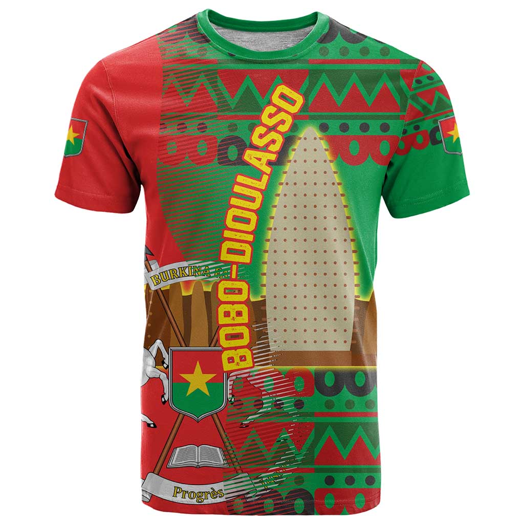 Burkina Faso T Shirt with Red Green Tribal Design and Bobo Dioulasso Landmark - Wonder Print Shop