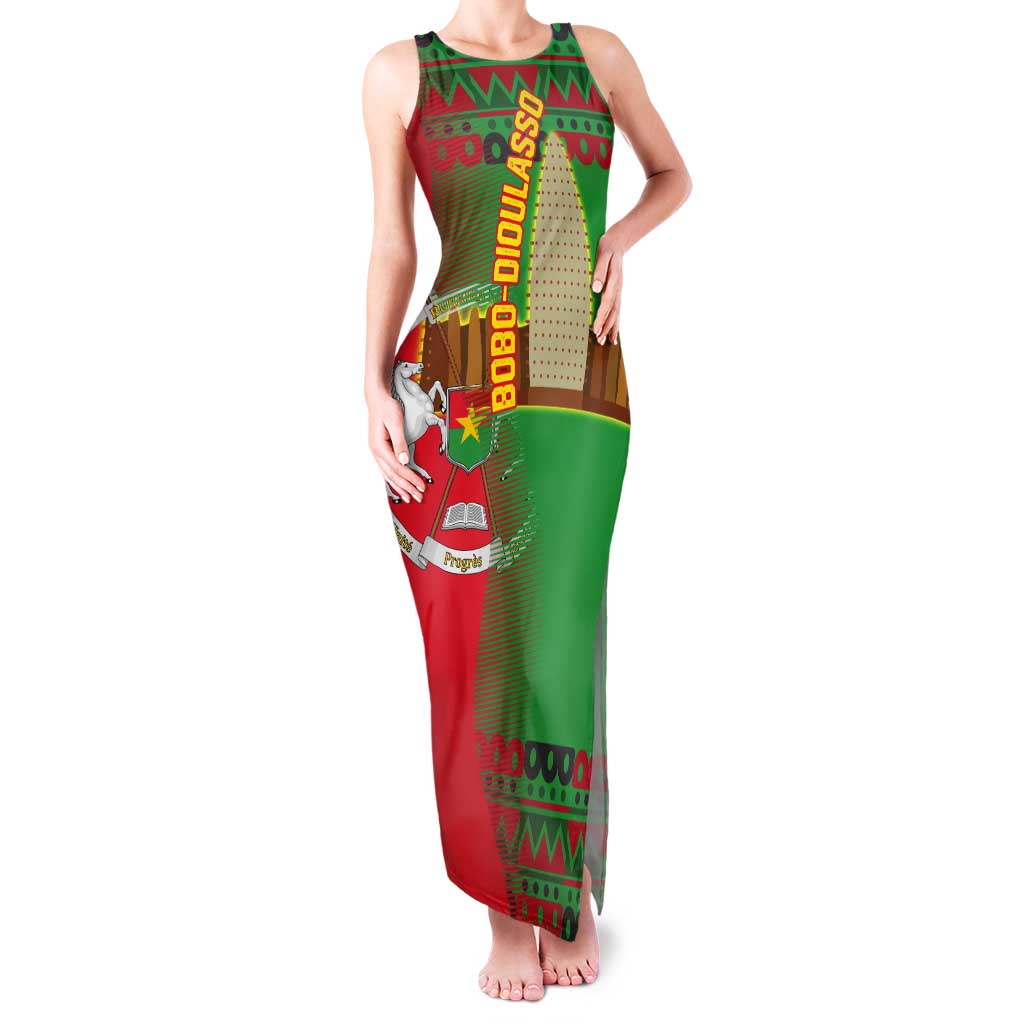 Burkina Faso Tank Maxi Dress with Red Green Tribal Design and Bobo Dioulasso Landmark - Wonder Print Shop