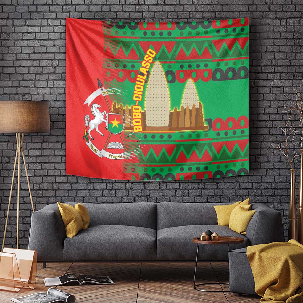 Burkina Faso Tapestry with Red Green Tribal Design and Bobo Dioulasso Landmark - Wonder Print Shop