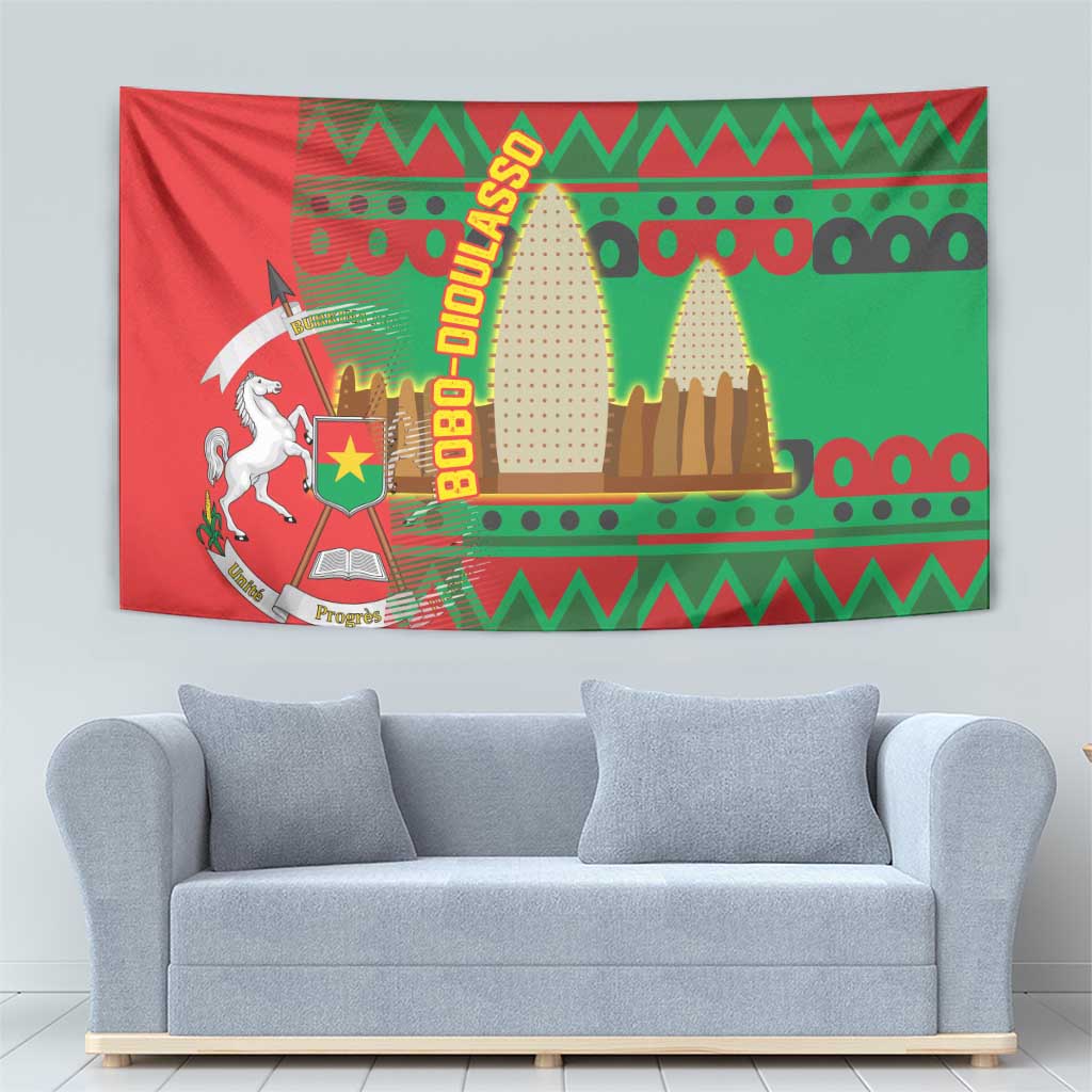 Burkina Faso Tapestry with Red Green Tribal Design and Bobo Dioulasso Landmark - Wonder Print Shop