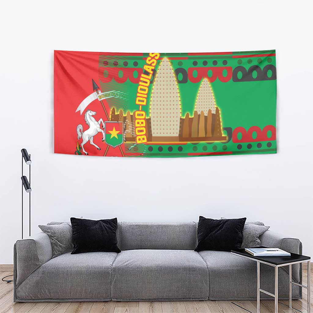 Burkina Faso Tapestry with Red Green Tribal Design and Bobo Dioulasso Landmark - Wonder Print Shop