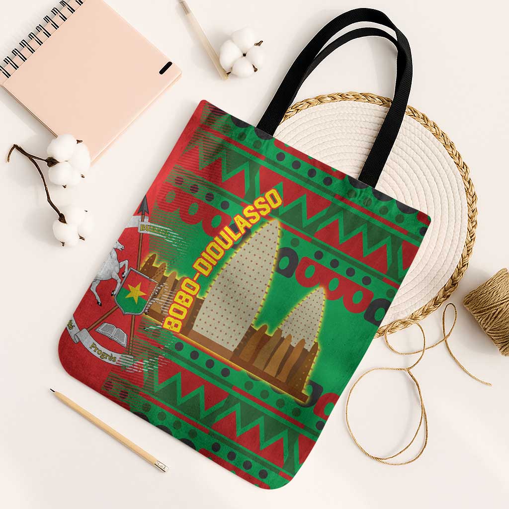Burkina Faso Tote Bag with Red Green Tribal Design and Bobo Dioulasso Landmark - Wonder Print Shop