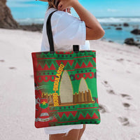 Burkina Faso Tote Bag with Red Green Tribal Design and Bobo Dioulasso Landmark - Wonder Print Shop
