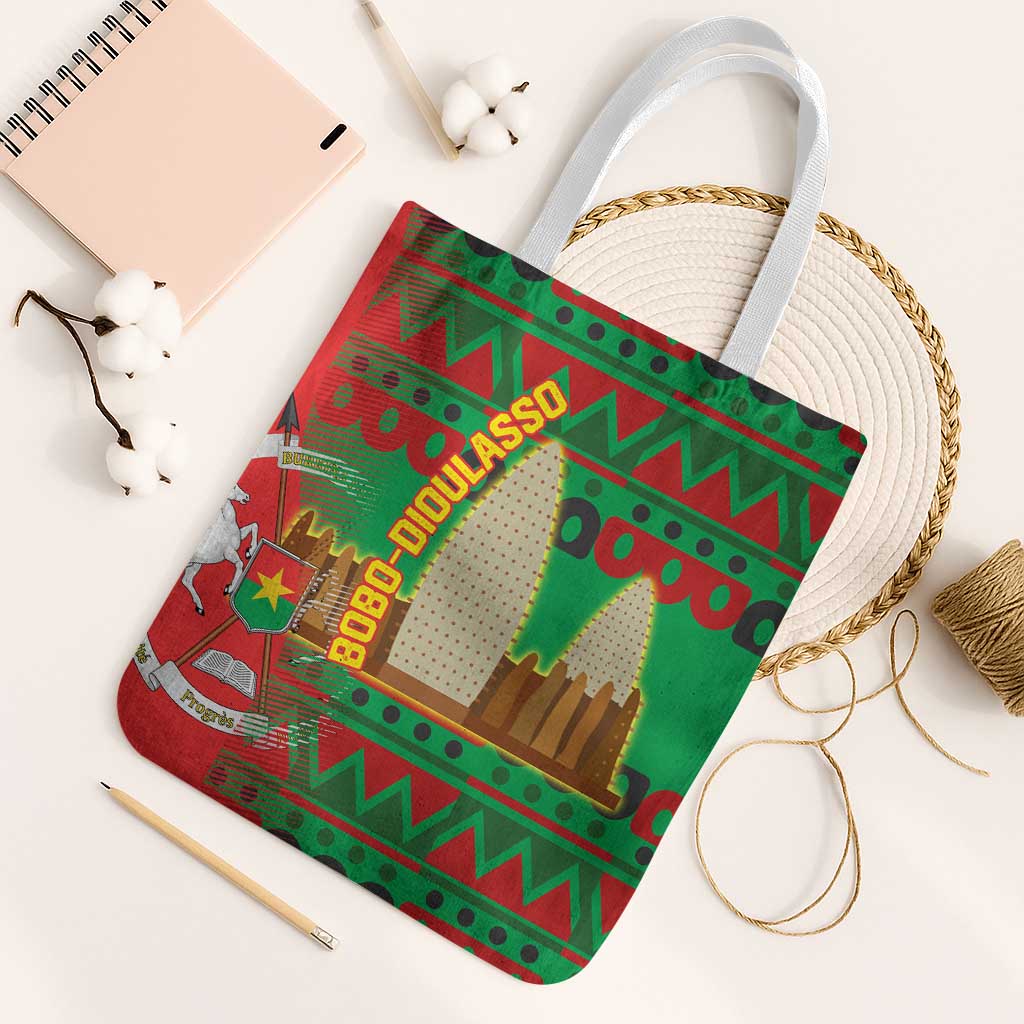 Burkina Faso Tote Bag with Red Green Tribal Design and Bobo Dioulasso Landmark - Wonder Print Shop