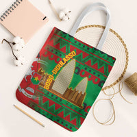 Burkina Faso Tote Bag with Red Green Tribal Design and Bobo Dioulasso Landmark - Wonder Print Shop