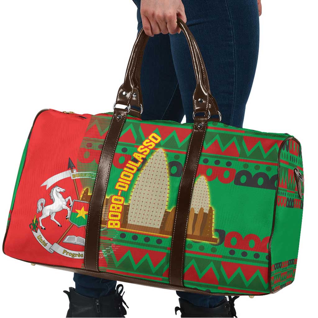 Burkina Faso Travel Bag with Red Green Tribal Design and Bobo Dioulasso Landmark - Wonder Print Shop