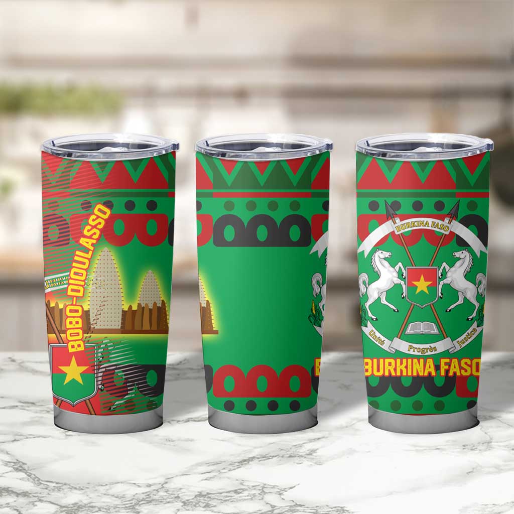 Burkina Faso Tumbler Cup with Red Green Tribal Design and Bobo Dioulasso Landmark - Wonder Print Shop