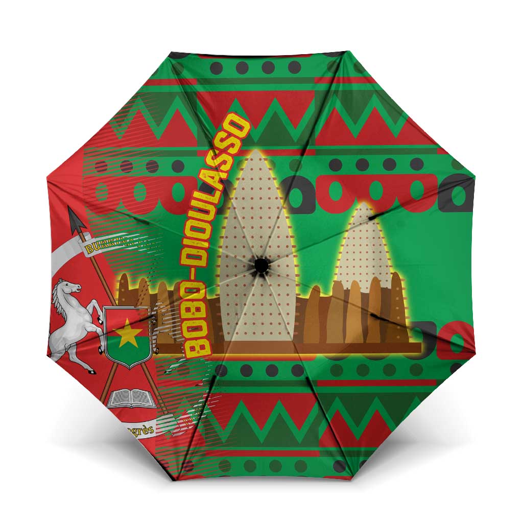 Burkina Faso Umbrella with Red Green Tribal Design and Bobo Dioulasso Landmark - Wonder Print Shop