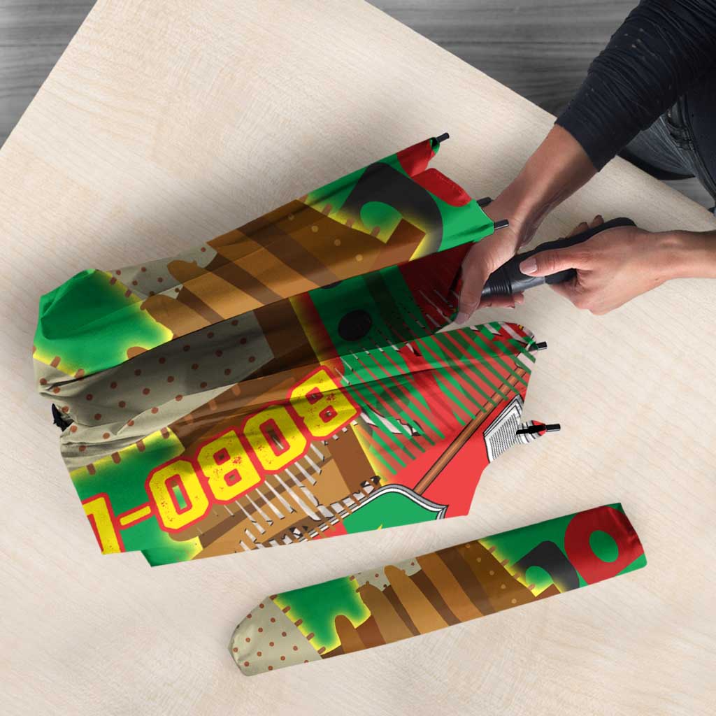 Burkina Faso Umbrella with Red Green Tribal Design and Bobo Dioulasso Landmark - Wonder Print Shop