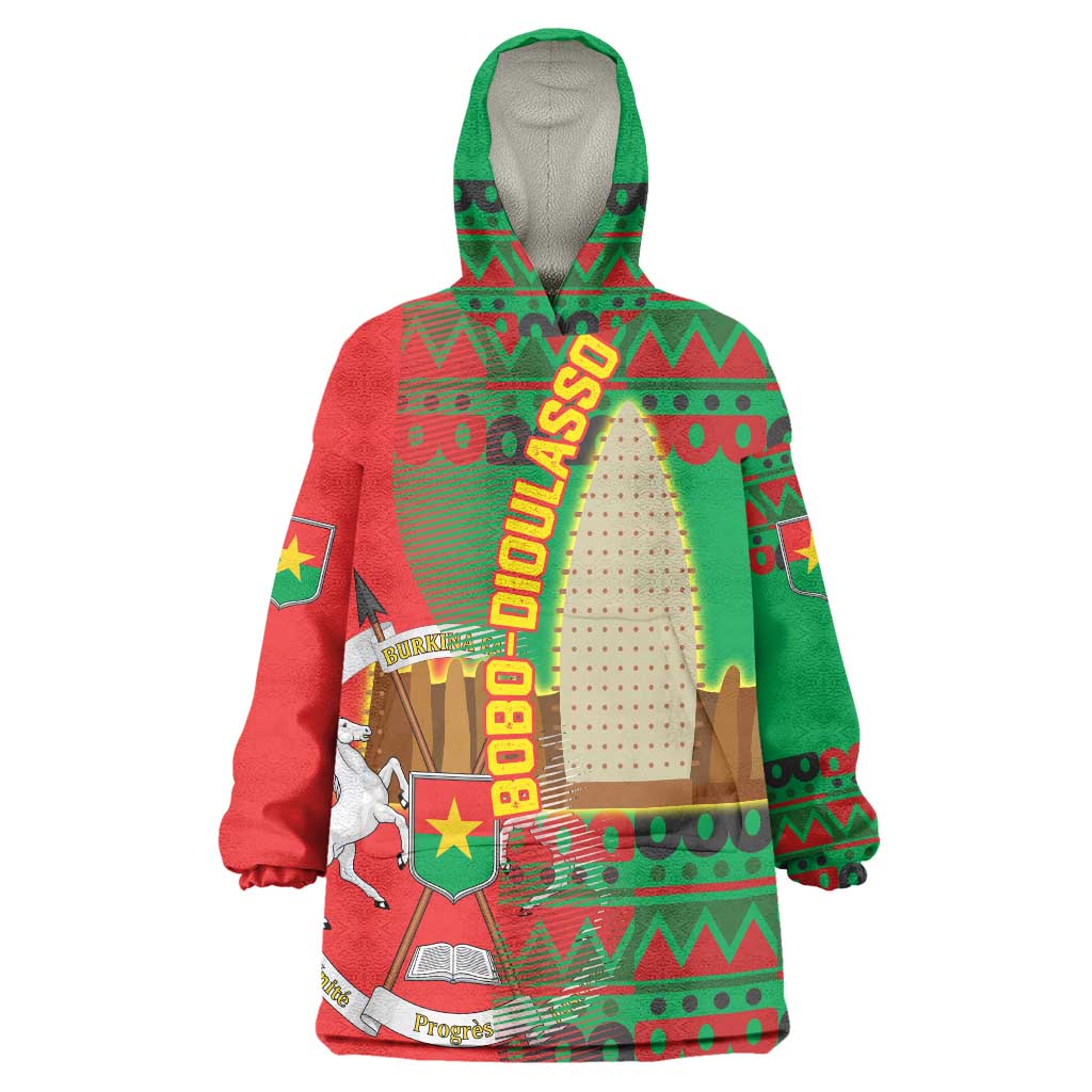 Burkina Faso Wearable Blanket Hoodie with Red Green Tribal Design and Bobo Dioulasso Landmark - Wonder Print Shop