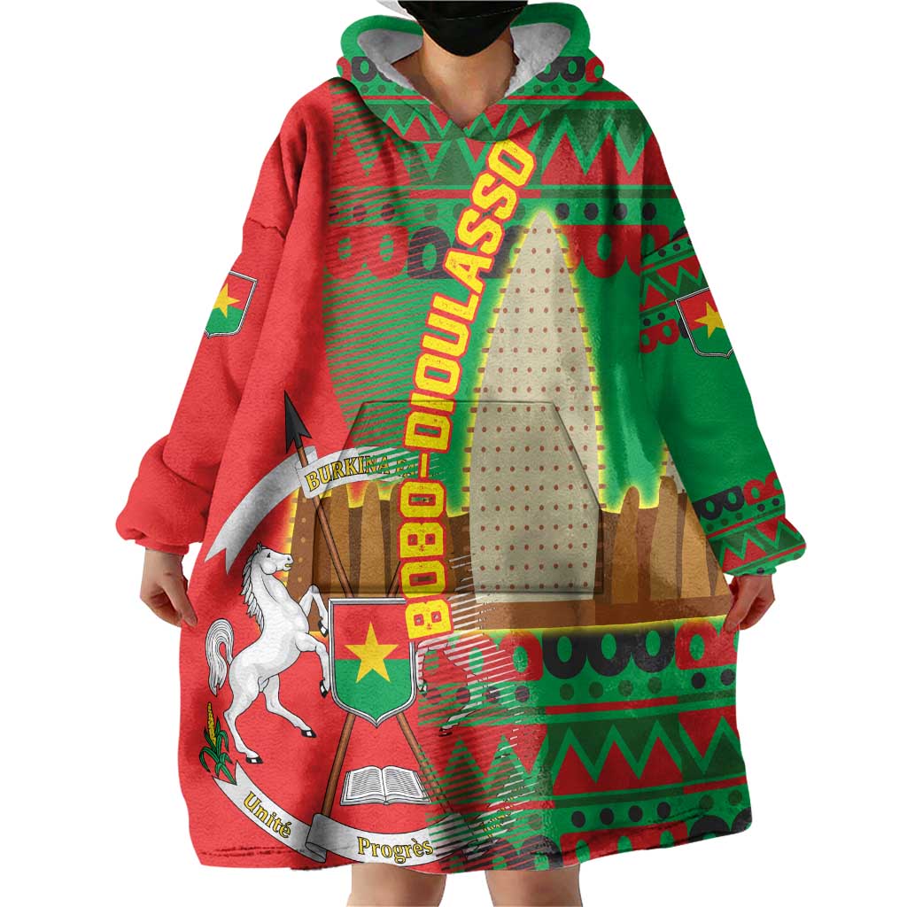 Burkina Faso Wearable Blanket Hoodie with Red Green Tribal Design and Bobo Dioulasso Landmark - Wonder Print Shop