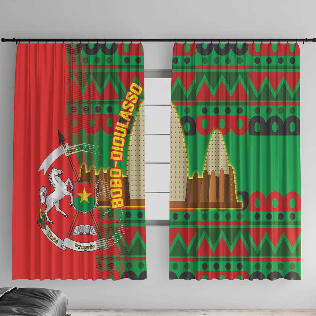 Burkina Faso Window Curtain with Red Green Tribal Design and Bobo Dioulasso Landmark - Wonder Print Shop