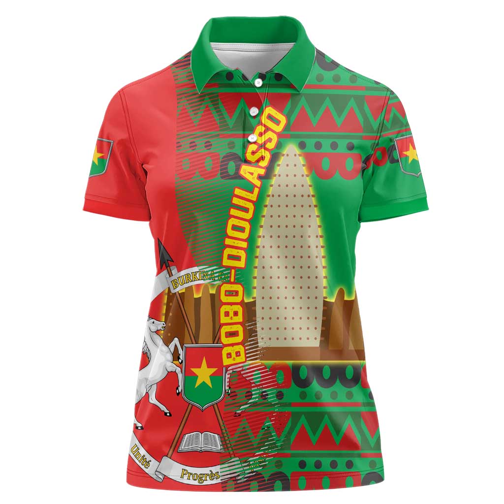 Burkina Faso Women Polo Shirt with Red Green Tribal Design and Bobo Dioulasso Landmark - Wonder Print Shop