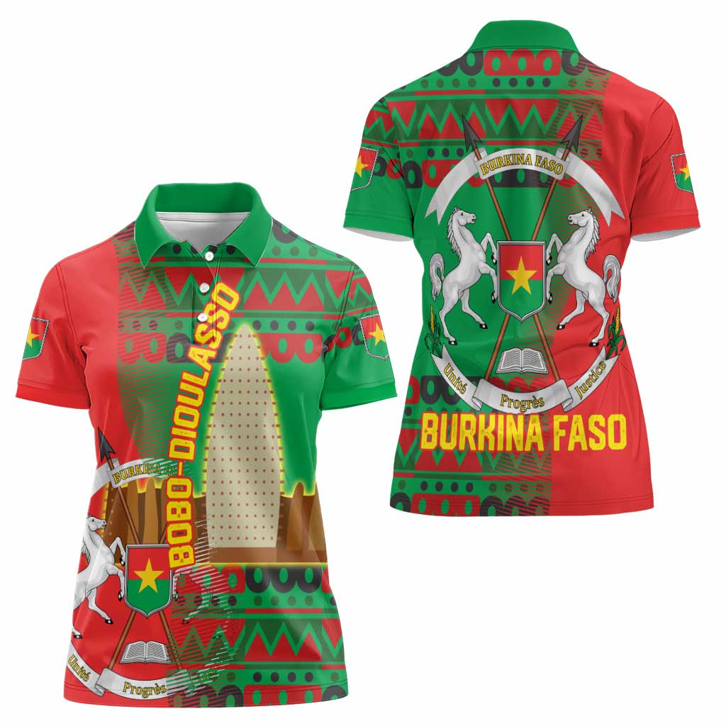 Burkina Faso Women Polo Shirt with Red Green Tribal Design and Bobo Dioulasso Landmark - Wonder Print Shop