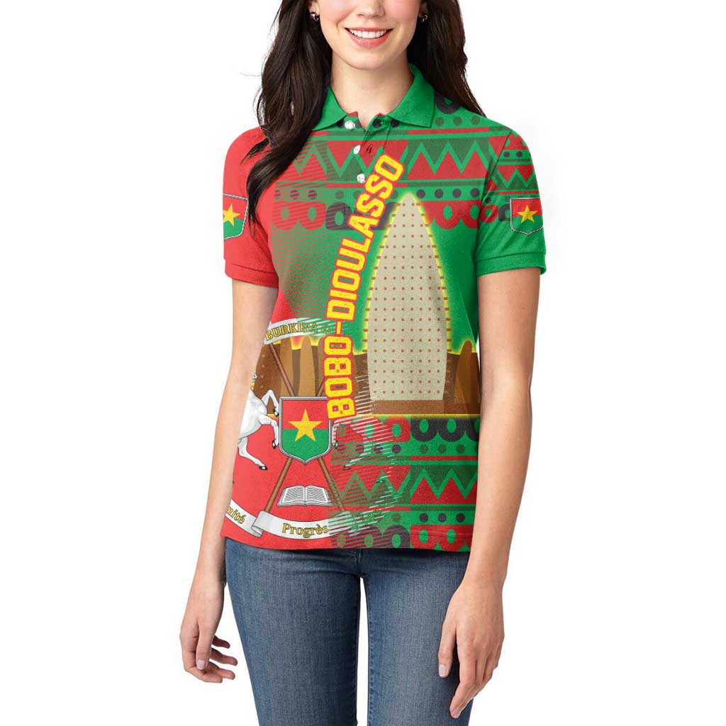 Burkina Faso Women Polo Shirt with Red Green Tribal Design and Bobo Dioulasso Landmark - Wonder Print Shop