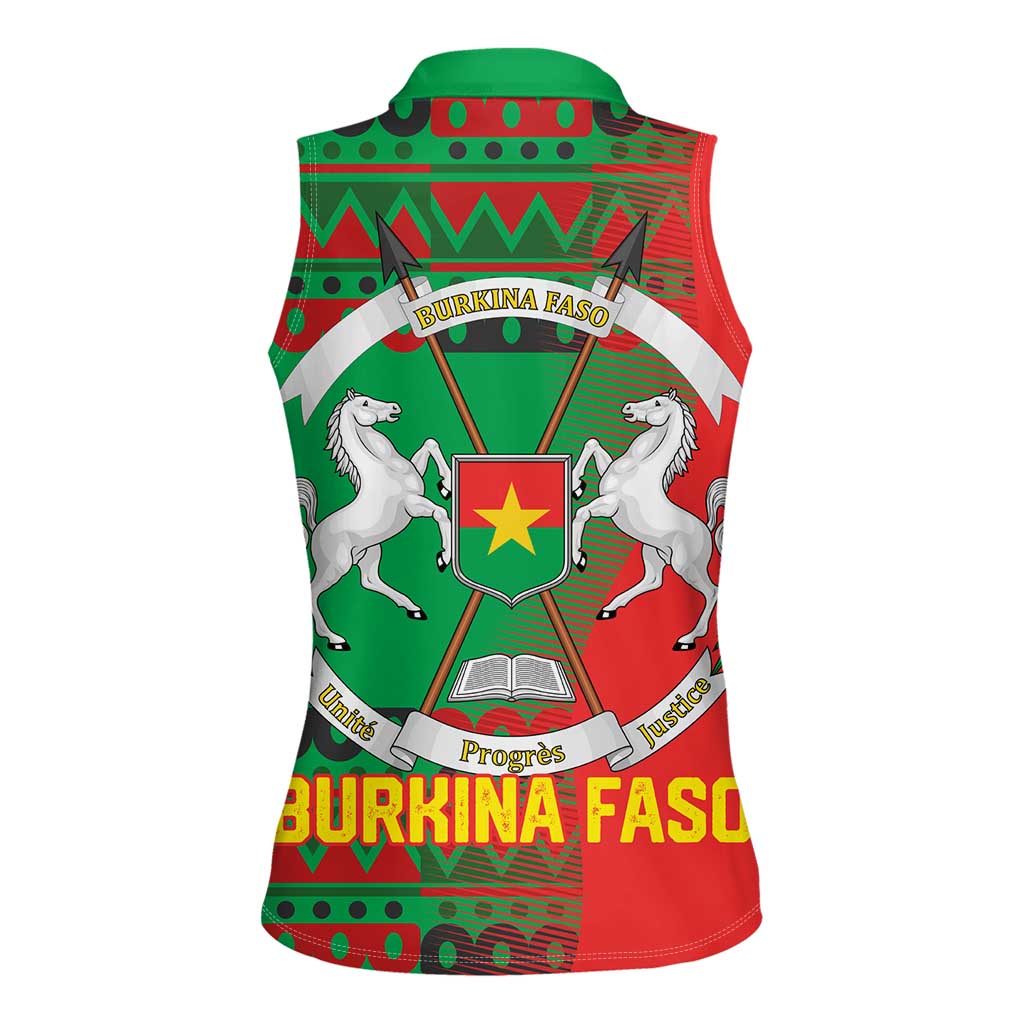 Burkina Faso Women Sleeveless Polo Shirt with Red Green Tribal Design and Bobo Dioulasso Landmark - Wonder Print Shop