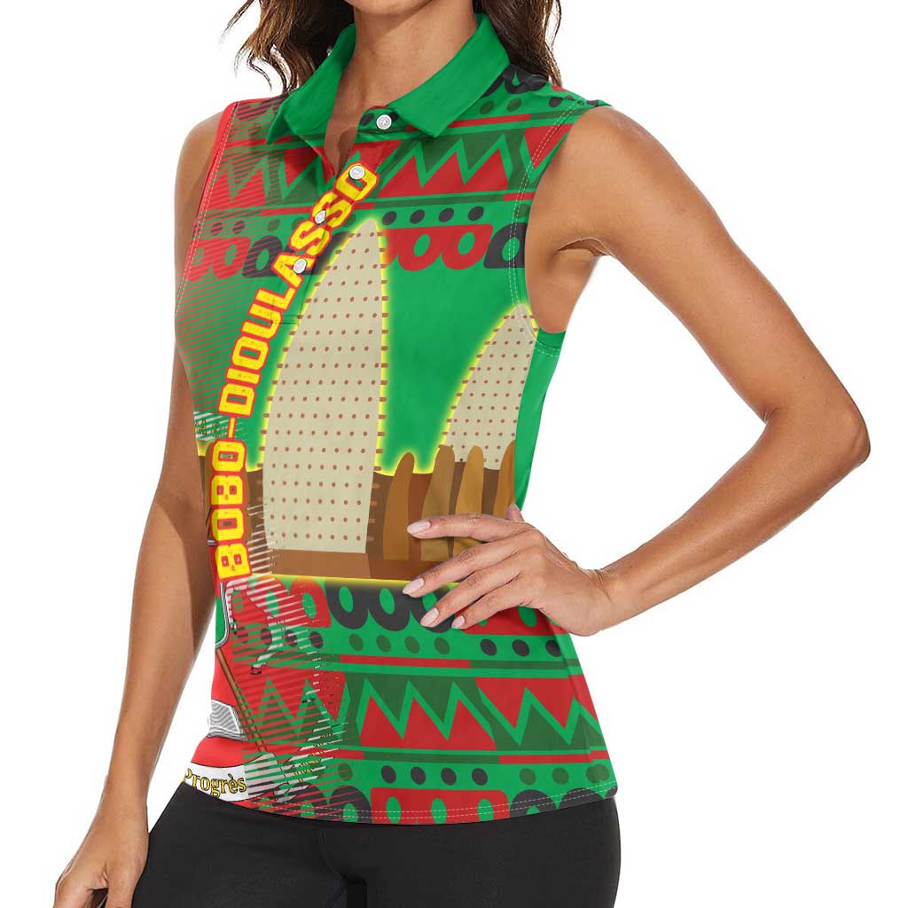 Burkina Faso Women Sleeveless Polo Shirt with Red Green Tribal Design and Bobo Dioulasso Landmark - Wonder Print Shop