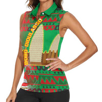 Burkina Faso Women Sleeveless Polo Shirt with Red Green Tribal Design and Bobo Dioulasso Landmark - Wonder Print Shop