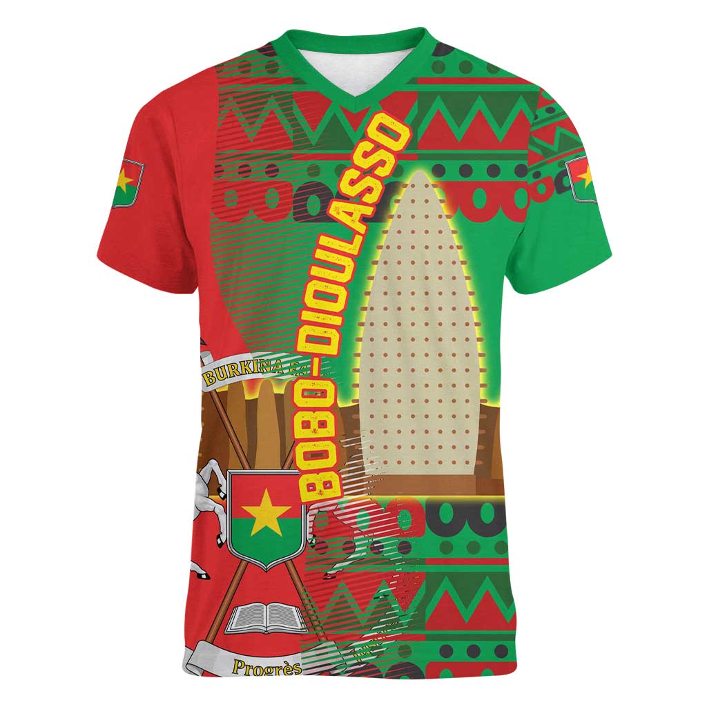 Burkina Faso Women V-Neck T-Shirt with Red Green Tribal Design and Bobo Dioulasso Landmark - Wonder Print Shop