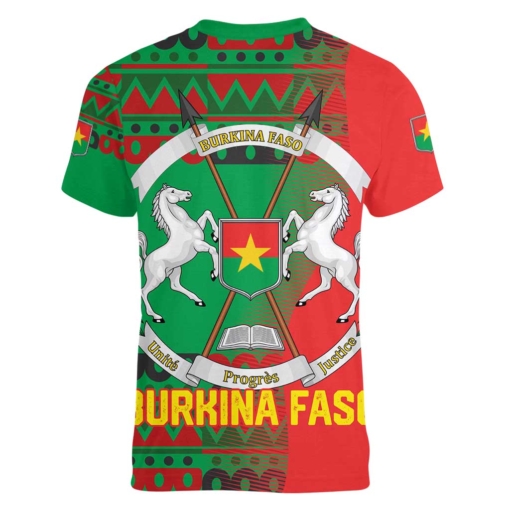 Burkina Faso Women V-Neck T-Shirt with Red Green Tribal Design and Bobo Dioulasso Landmark - Wonder Print Shop