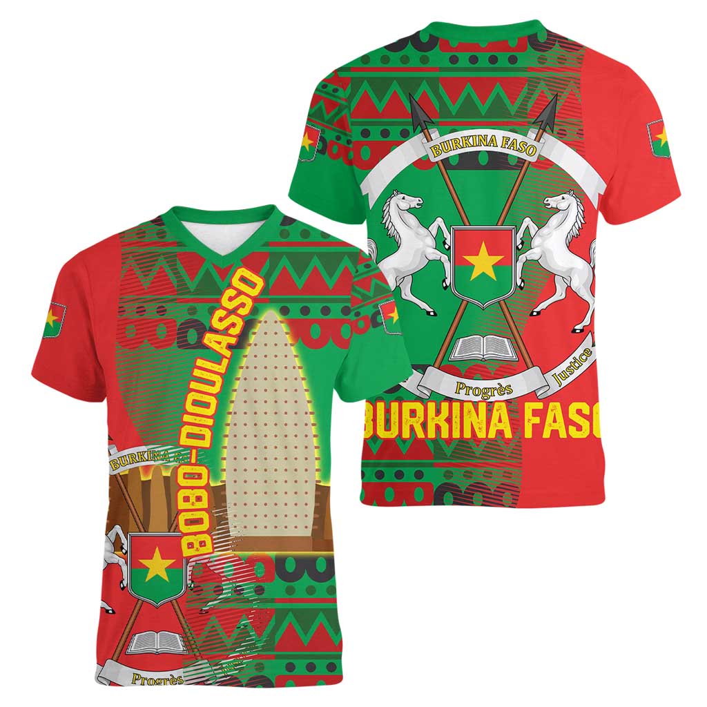 Burkina Faso Women V-Neck T-Shirt with Red Green Tribal Design and Bobo Dioulasso Landmark - Wonder Print Shop