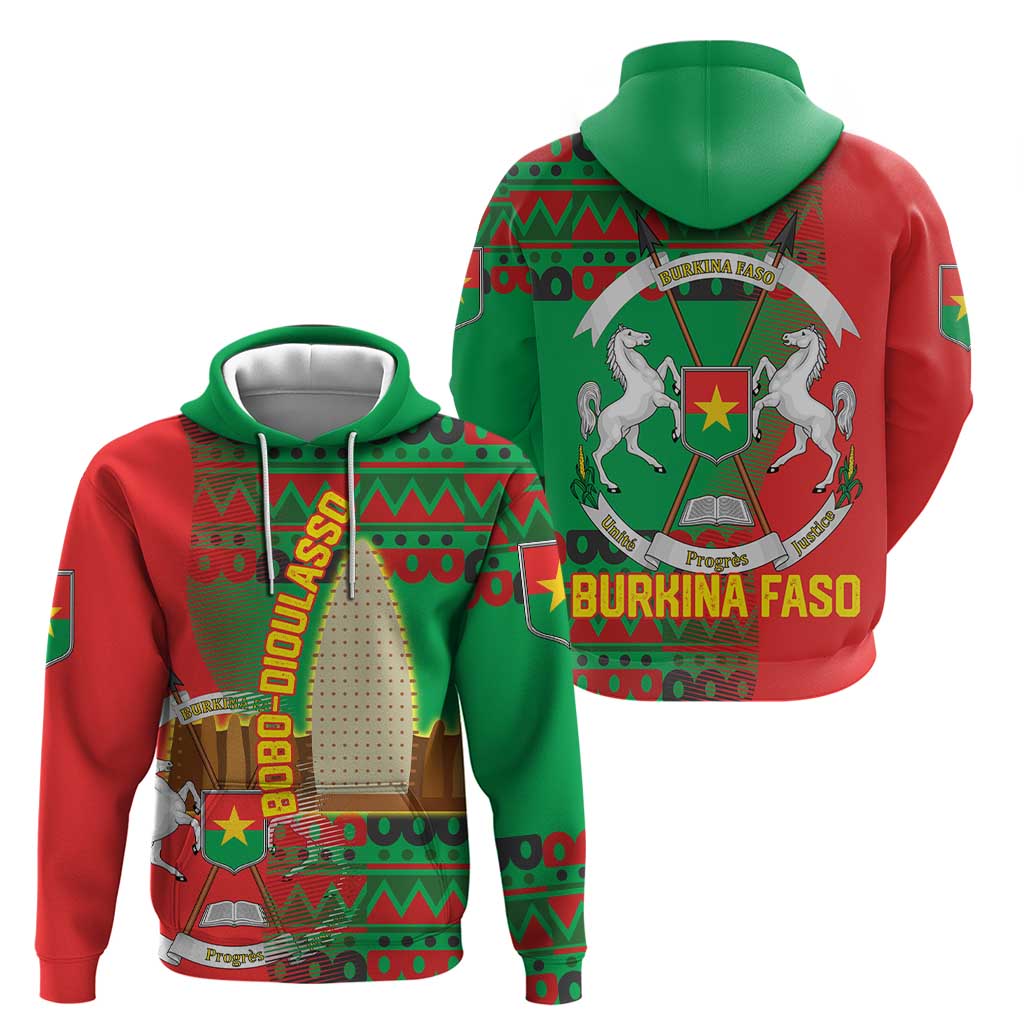 Burkina Faso Zip Hoodie with Red Green Tribal Design and Bobo Dioulasso Landmark - Wonder Print Shop