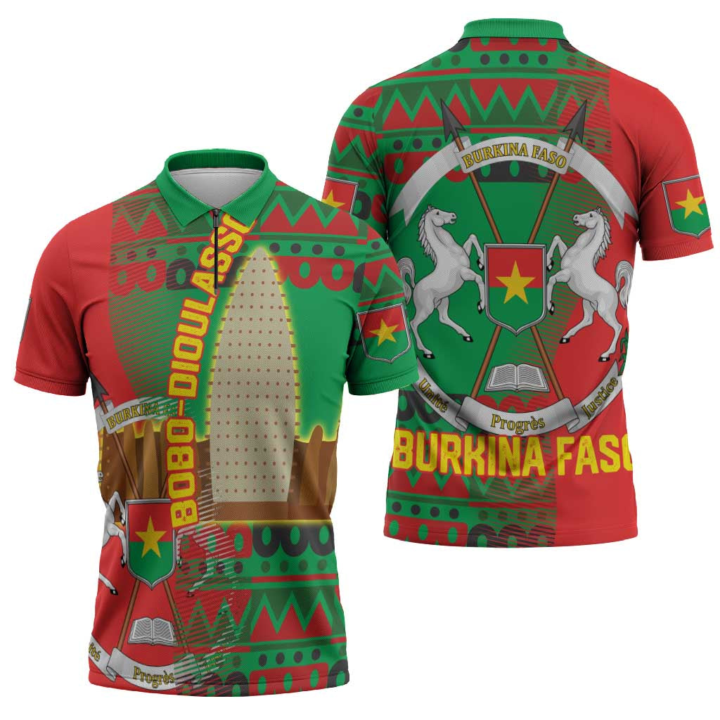 Burkina Faso Zipper Polo Shirt with Red Green Tribal Design and Bobo Dioulasso Landmark - Wonder Print Shop
