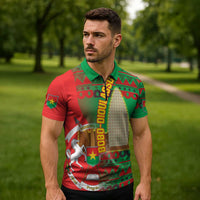 Burkina Faso Zipper Polo Shirt with Red Green Tribal Design and Bobo Dioulasso Landmark - Wonder Print Shop