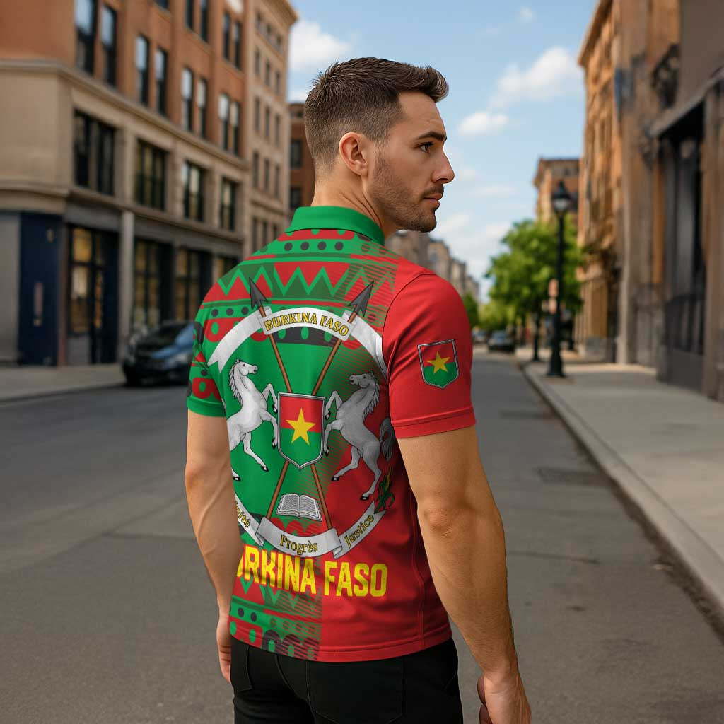 Burkina Faso Zipper Polo Shirt with Red Green Tribal Design and Bobo Dioulasso Landmark - Wonder Print Shop