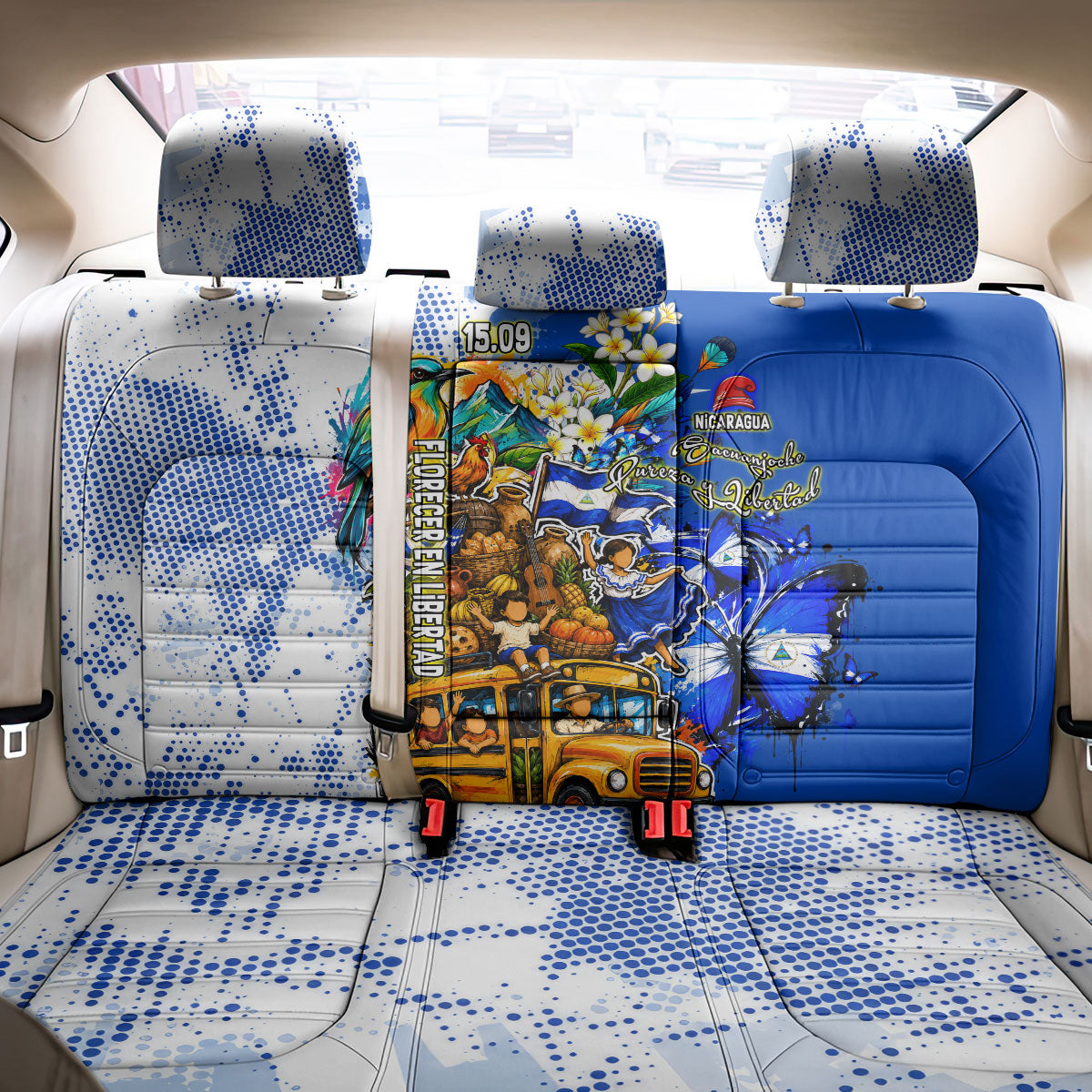 Nicaragua Independence Day Back Car Seat Cover Blue Butterfly Sacred Sacuanjoche Cultural Floral Art