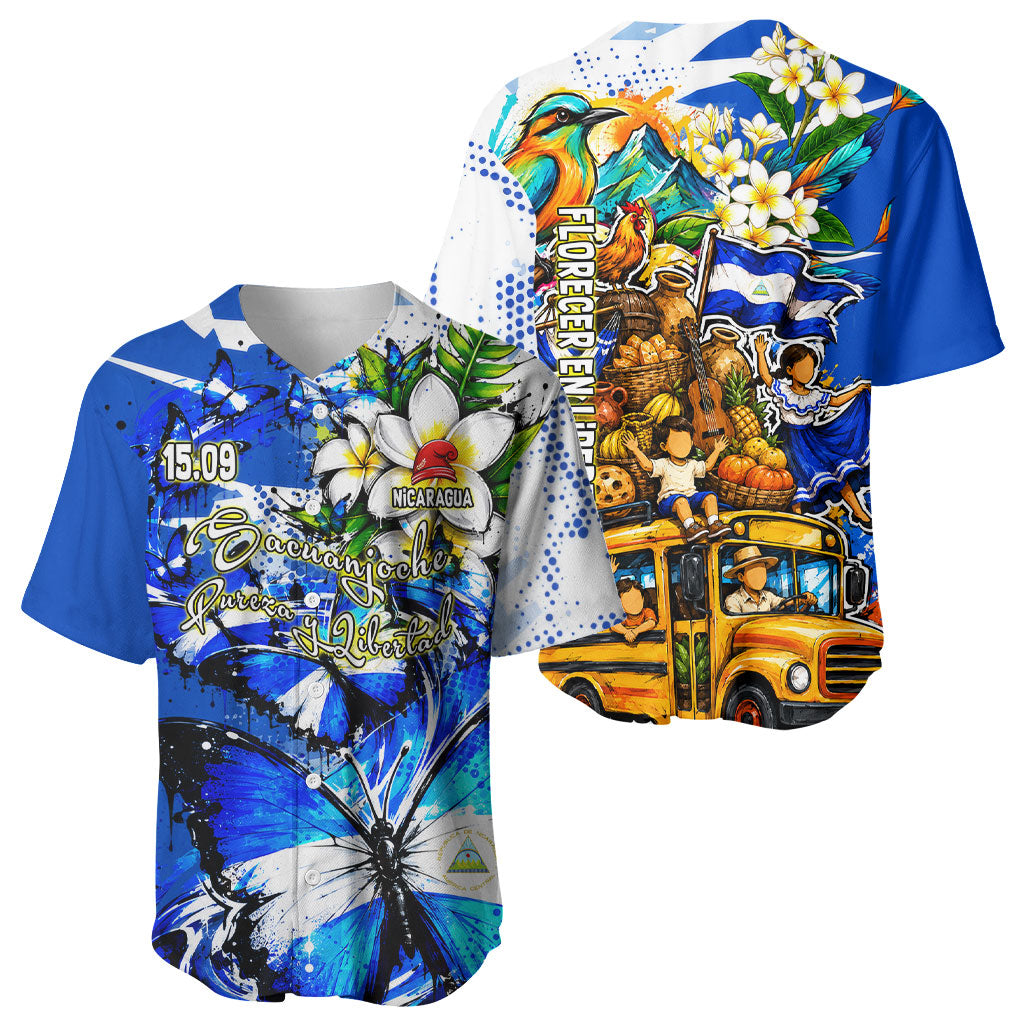 Nicaragua Independence Day Baseball Jersey Blue Butterfly Sacred Sacuanjoche Cultural Floral Art