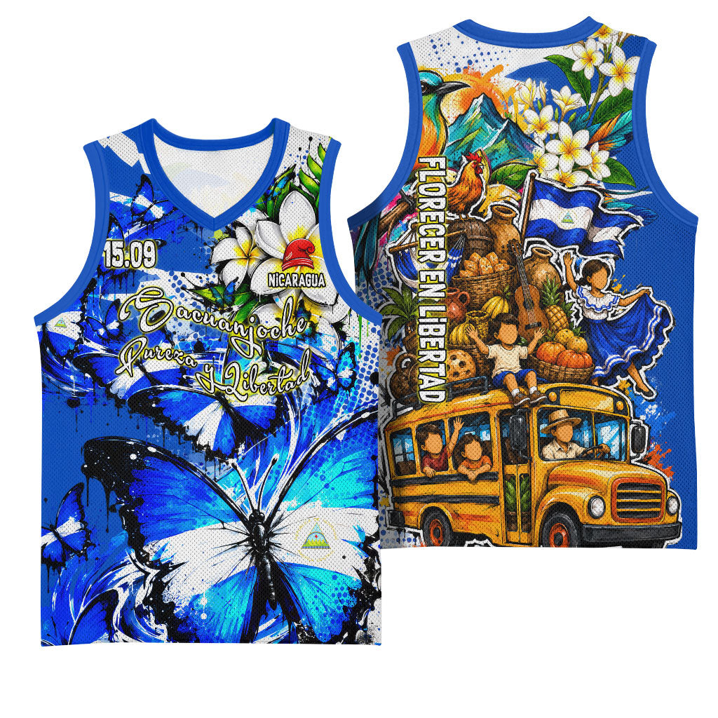 Nicaragua Independence Day Basketball Jersey Blue Butterfly Sacred Sacuanjoche Cultural Floral Art