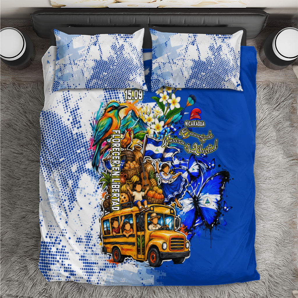 Nicaragua Independence Day Bedding Set Blue Butterfly Sacred Sacuanjoche Cultural Floral Art