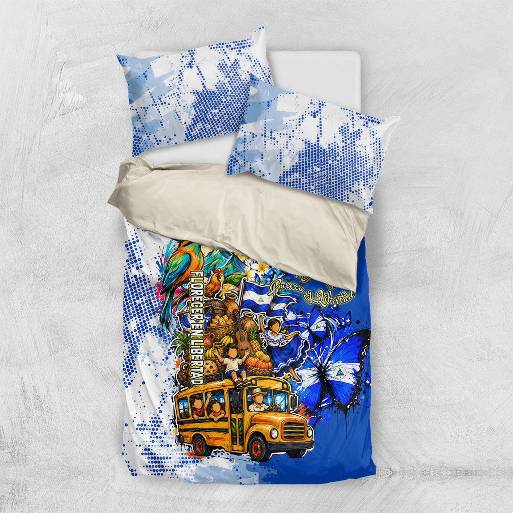 Nicaragua Independence Day Bedding Set Blue Butterfly Sacred Sacuanjoche Cultural Floral Art